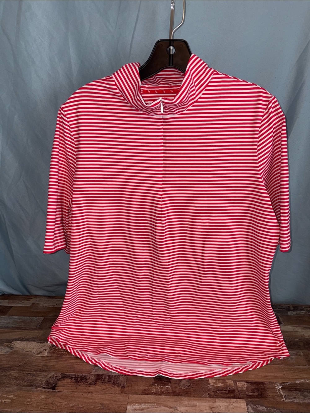 Tommy Bahama Pink and White Striped Short Sleeve Mock Neck Top